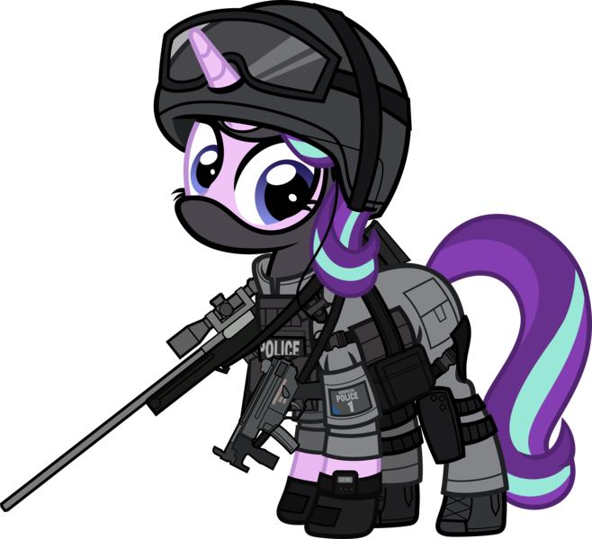 Size: 6000x5475 | Tagged: safe, alternate version, artist:n0kkun, derpibooru import, starlight glimmer, pony, unicorn, accuracy international, armor, awm, balaclava, belt, boots, british, clothes, earpiece, female, gloves, goggles, gun, helmet, knee pads, mare, mp5, mp5k, pants, police, pouch, rifle, sco19, shoes, simple background, sniper, sniper rifle, solo, submachinegun, transparent background, united kingdom, watch, weapon, wristwatch