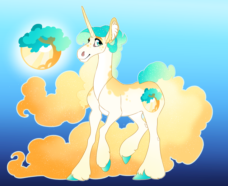 Size: 4030x3300 | Tagged: safe, artist:turnipberry, deleted from derpibooru, derpibooru import, oc, oc:sunlit orchard, unofficial characters only, pony, unicorn, blue background, colored hooves, commission, cutie mark, ethereal mane, female, magical lesbian spawn, mare, offspring, parent:applejack, parent:princess celestia, parents:applelestia, realistic horse legs, simple background, solo, unshorn fetlocks