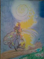 Size: 1536x2048 | Tagged: safe, artist:wolfling12, derpibooru import, oc, oc:aurora moonshine, bat pony, female, flower, male, moon, night, shipping, straight, traditional art