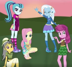 Size: 1024x964 | Tagged: safe, artist:charliexe, artist:grapefruitface1, derpibooru import, cheerilee, daring do, fluttershy, sonata dusk, trixie, cat, equestria girls, armlet, base used, clothes, devil horn (gesture), earbuds, equestria girls-ified, female, food, freckles, hat, looking at you, miss kitty, ponytail, sandals, taco, taco dress
