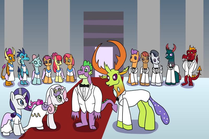 Size: 2048x1365 | Tagged: safe, artist:platinumdrop, derpibooru import, apple bloom, babs seed, button mash, garble, ocellus, pharynx, princess ember, rarity, rumble, scootaloo, smolder, spike, sweetie belle, tender taps, thorax, changedling, changeling, the last problem, adult, changedling brothers, female, future, gigachad spike, king thorax, male, marriage, older, older spike, prince pharynx, request, shipping, spikebelle, straight, wedding