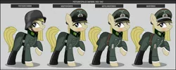 Size: 1280x512 | Tagged: safe, artist:brony-works, derpibooru import, oc, unofficial characters only, earth pony, pony, blonde, boots, clothes, earth pony oc, eyelashes, female, hat, helmet, mare, nazi, nazi germany, nazipone, raised hoof, reference sheet, shoes, smiling, solo, uniform, world war ii