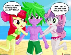 Size: 1280x989 | Tagged: suggestive, artist:dieart77, derpibooru import, edit, apple bloom, spike, sweetie belle, human, equestria girls, beach, belly button, bikini, clothes, commission, dialogue, female, fight, human spike, humanized, implied analingus, implied oral, implied sex, male, midriff, misspelling, shipping, shorts, spike gets all the equestria girls, spike gets all the mares, spikebelle, spikebloom, straight, swimsuit, vulgar