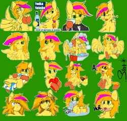 Size: 2470x2344 | Tagged: safe, artist:starrypallet, derpibooru import, oc, oc:obsolete tech, unofficial characters only, pegasus, pony, alcohol, bird bath, bust, clothes, drinking, expressions, grin, one eye closed, smiling, sticker set, telegram sticker, text, tongue out, vodka, wing hands, wings, wink