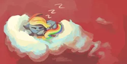 Size: 1600x805 | Tagged: safe, artist:ignis, derpibooru import, rainbow dash, pegasus, pony, cloud, cute, dashabetes, on a cloud, simple background, sleeping, sleeping on cloud, solo, z