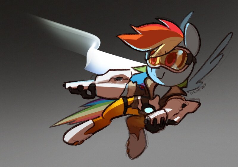 Size: 1709x1200 | Tagged: safe, artist:dawnfire, derpibooru import, rainbow dash, pegasus, pony, clothes, cosplay, costume, crossover, female, goggles, gun, mare, overwatch, rainbow tracer, solo, tracer, weapon