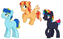 Size: 2311x1419 | Tagged: safe, artist:bubaiuv, deleted from derpibooru, derpibooru import, oc, oc:firework flare, oc:sunny rays, oc:tropical fin, unofficial characters only, earth pony, pegasus, pony, unicorn, male, simple background, stallion, transparent background