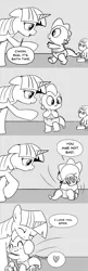 Size: 896x2768 | Tagged: safe, artist:mamatwilightsparkle, derpibooru import, smarty pants, spike, twilight sparkle, dragon, pony, unicorn, baby, baby spike, comic, cute, dialogue, diaper, forgiven, heart, hug, looking back, mama twilight, mama twilight sparkle, monochrome, roleplaying, spikabetes, tumblr, younger