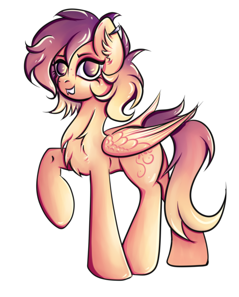 Size: 3383x4203 | Tagged: safe, artist:coco-drillo, derpibooru import, oc, oc:sunrise skies, unofficial characters only, pegasus, pony, chest fluff, colourful, commission, ear fluff, ear piercing, earring, eyebrows, jewelry, markings, messy mane, pegasus oc, piercing, sharp teeth, simple background, solo, standing, teeth, transparent background, wings