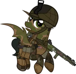 Size: 1920x1879 | Tagged: safe, artist:n0kkun, derpibooru import, oc, oc:rapid fire (ice1517), unofficial characters only, bat pony, pony, american flag, armor, assault rifle, bat pony oc, bat wings, belt, boots, camouflage, clothes, commission, dirt, face paint, female, flag, flying, gloves, gritted teeth, gun, handgun, helmet, holster, mare, mud, pants, pistol, pouch, rifle, shoes, simple background, solo, transparent background, weapon, wings