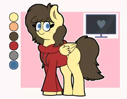 Size: 1455x1132 | Tagged: safe, artist:retro_hearts, derpibooru import, oc, oc:retro hearts, pegasus, pony, clothes, color palette, cutie mark, female, hoodie, mare, reference sheet, simple background, smiling, wings