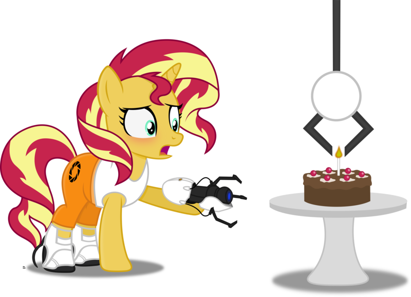 Size: 5031x3636 | Tagged: safe, artist:anime-equestria, derpibooru import, sunset shimmer, unicorn, blushing, boots, cake, candle, cherry, chocolate cake, claw, clothes, female, food, horn, jumpsuit, long fall horseshoe, mare, portal, portal (valve), portal 2, portal gun, sad, shoes, simple background, table, the cake is a lie, transparent background, vector