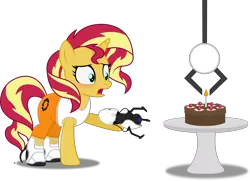 Size: 5031x3636 | Tagged: safe, artist:anime-equestria, derpibooru import, sunset shimmer, unicorn, blushing, boots, cake, candle, cherry, chocolate cake, claw, clothes, female, food, horn, jumpsuit, long fall horseshoe, mare, portal, portal (valve), portal 2, portal gun, sad, shoes, simple background, table, the cake is a lie, transparent background, vector