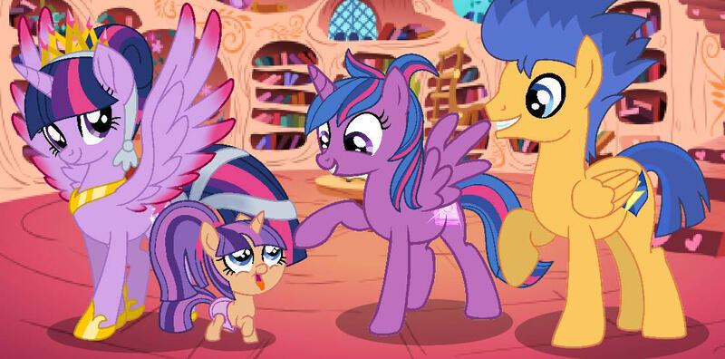 Size: 1102x546 | Tagged: safe, artist:paolahedgehog, derpibooru import, flash sentry, twilight sparkle, twilight sparkle (alicorn), oc, oc:star sparkle, unnamed oc, alicorn, pegasus, pony, baby, baby pony, colored wings, colored wingtips, family, female, flashlight, golden oaks library, male, new crown, offspring, parent:flash sentry, parent:twilight sparkle, parents:flashlight, shipping, spread wings, straight, wings