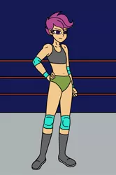 Size: 952x1434 | Tagged: safe, artist:avispaneitor, derpibooru import, scootaloo, equestria girls, belly button, boots, boxing ring, clothes, shoes, shorts, sports, wrestling