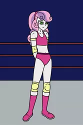 Size: 952x1434 | Tagged: safe, artist:avispaneitor, derpibooru import, sweetie belle, equestria girls, belly button, boots, boxing ring, clothes, shoes, shorts, sports, wrestling