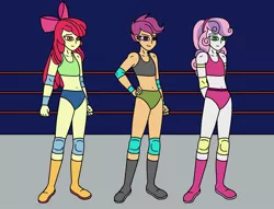 Size: 1872x1432 | Tagged: safe, artist:avispaneitor, derpibooru import, apple bloom, scootaloo, sweetie belle, equestria girls, apple bloom's bow, belly button, boots, bow, boxing ring, clothes, cutie mark crusaders, hair bow, shoes, shorts, sports, wrestling