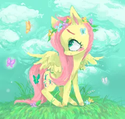 Size: 512x486 | Tagged: safe, artist:rwko, derpibooru import, fluttershy, butterfly, pegasus, pony, blush sticker, blushing, cloud, cute, female, floral head wreath, flower, flower in hair, head turn, looking at something, looking up, mare, outdoors, profile, shyabetes, smiling, solo, spread wings, wings