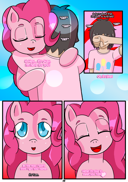 Size: 1736x2456 | Tagged: safe, artist:otakon, derpibooru import, pinkie pie, human, pony, comic:meeting pinkie, brony, comic, commission, hugging a pony, human male, human on pony snuggling, image, male, png, snuggling