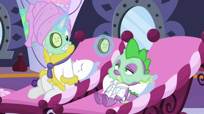 Size: 1920x1080 | Tagged: bathrobe, clothes, cucumber, cucumber monocle, cucumber pirate, derpibooru import, dragon dropped, food, mud mask, rarity, robe, safe, screencap, spike, towel on head