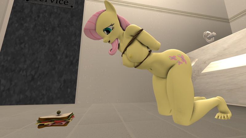 Size: 1920x1080 | Tagged: questionable, artist:wangdachui, derpibooru import, fluttershy, anthro, bat pony, plantigrade anthro, series:in bathroom, 3d, arm behind back, bathroom, bathtub, belly button, bondage, box tied, breasts, busty fluttershy, door, eyes on the prize, female, flutterbat, food, leaning forward, looking down, nipples, nudity, open mouth, race swap, rope, sandwich, solo, solo female, source filmmaker, story included, tied up