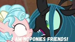 Size: 1280x720 | Tagged: safe, derpibooru import, edit, edited screencap, screencap, cozy glow, queen chrysalis, changeling, pegasus, pony, frenemies (episode), angry, boop, female, filly, former queen chrysalis, meme, text, triggered