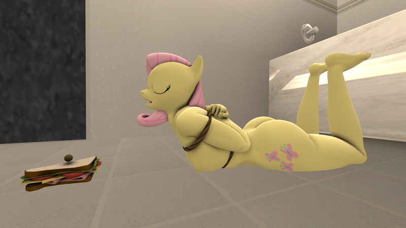 Size: 1920x1080 | Tagged: questionable, artist:wangdachui, derpibooru import, fluttershy, anthro, bat pony, plantigrade anthro, series:in bathroom, 3d, arm behind back, bathroom, bathtub, bondage, box tied, breasts, busty fluttershy, butt, door, eyes closed, falling, female, flutterbat, flutterbutt, food, nipples, nudity, open mouth, prone, race swap, rope, sandwich, solo, solo female, source filmmaker, story included, tied up