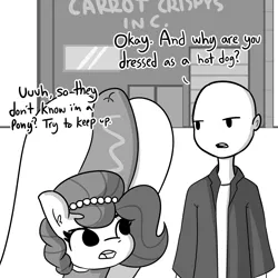 Size: 2250x2250 | Tagged: safe, artist:tjpones, derpibooru import, part of a set, oc, oc:brownie bun, oc:richard, unofficial characters only, earth pony, human, pony, comic:covert ops, horse wife, dialogue, female, hot dog costume, jewelry, male, mare, monochrome, necklace, pearl necklace, simple background, white background
