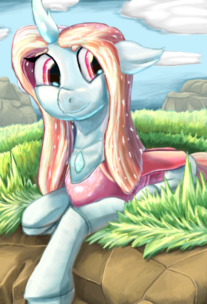 Size: 1080x1584 | Tagged: alternate design, artist:firefanatic, changedling, changeling, cliff, cloud, cute, derpibooru import, diaocelles, grass, grass field, long mane, lying down, ocellus, older, older ocellus, prone, queen ocellus, safe, sky, smiling