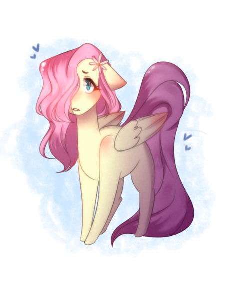 Size: 600x800 | Tagged: safe, artist:sablesapphireart, derpibooru import, fluttershy, pegasus, pony, blushing, cute, female, floppy ears, flower, flower in hair, hair over one eye, heart, mare, missing cutie mark, shyabetes, simple background, solo, transparent background