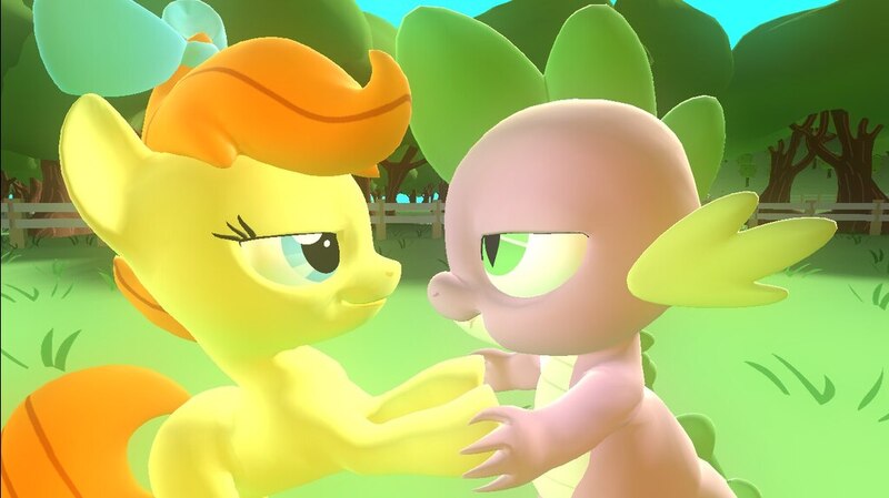 Size: 1024x575 | Tagged: safe, artist:undeadponysoldier, derpibooru import, pumpkin cake, spike, dragon, pony, unicorn, 3d, bow, cute, female, filly, gmod, hair bow, holding hands, holding hooves, looking at each other, male, older, pumpkinspike, shipping, straight