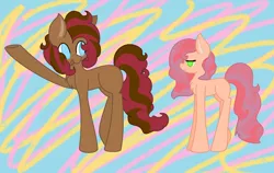 Size: 1788x1128 | Tagged: safe, artist:nightshade-warroir, derpibooru import, oc, oc:cinnamon pie, oc:raspberry pie, earth pony, brother and sister, female, male, offspring, parent:cheese sandwich, parent:pinkie pie, parents:cheesepie, siblings, twins