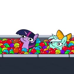 Size: 2250x2250 | Tagged: safe, artist:tjpones, derpibooru import, part of a set, lyra heartstrings, twilight sparkle, pony, unicorn, ball pit, bow, duo, female, mare, simple background, twiggie, white background