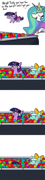 Size: 2250x9000 | Tagged: safe, artist:tjpones, derpibooru import, part of a set, lyra heartstrings, princess celestia, twilight sparkle, alicorn, pony, unicorn, absurd resolution, ball pit, bow, comic, cute, dialogue, duo, female, hair bow, jewelry, lyrabetes, mare, momlestia, regalia, simple background, sinking, squatpony, twiggie, white background, woonoggles