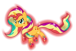 Size: 9000x6000 | Tagged: safe, artist:emeraldblast63, derpibooru import, sunset shimmer, pony, unicorn, absurd resolution, floating, looking at you, multicolored hair, rainbow hair, rainbow power, rainbow power-ified, rainbow tail, raised hoof, simple background, solo, transparent background