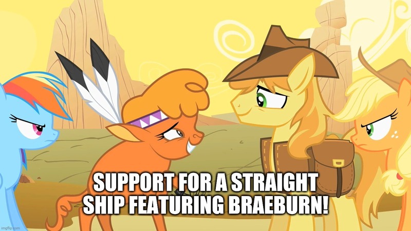 Size: 1280x720 | Tagged: safe, derpibooru import, edit, edited screencap, screencap, applejack, braeburn, little strongheart, rainbow dash, buffalo, earth pony, pegasus, pony, over a barrel, bag, braeheart, caption, clothes, cowboy hat, feather, female, hat, headdress, image macro, male, mare, saddle bag, shipping, stallion, straight, text, vest