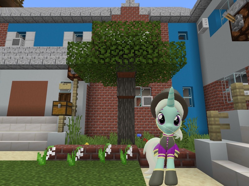 Size: 2048x1536 | Tagged: safe, artist:topsangtheman, derpibooru import, cornetta, pony, unicorn, 3d, clothes, hat, house, looking at you, minecraft, photoshopped into minecraft, solo, source filmmaker, tree, uniform