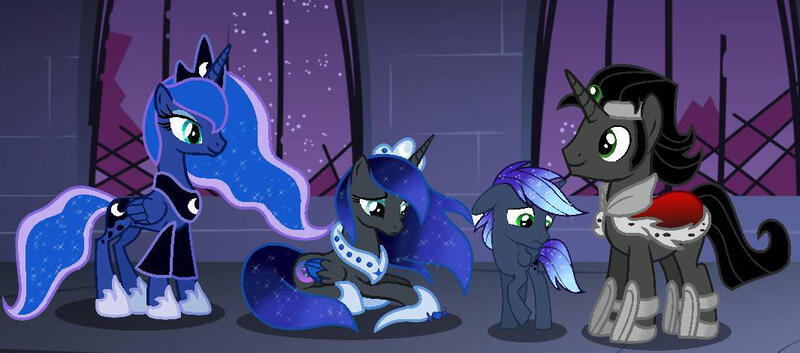 Size: 1065x470 | Tagged: safe, artist:paolahedgehog, derpibooru import, king sombra, princess luna, oc, oc:midnight luna, alicorn, unicorn, castle of the royal pony sisters, family, female, lumbra, male, offspring, parent:king sombra, parent:princess luna, parents:lumbra, reformed sombra, shipping, straight