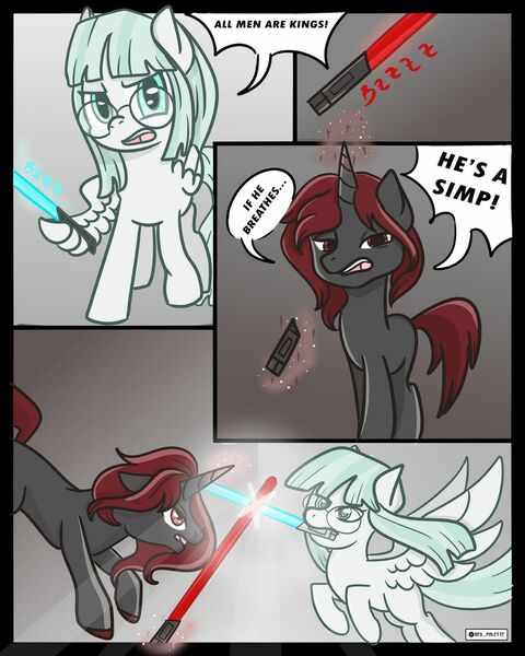 Size: 1280x1600 | Tagged: safe, artist:redpalette, derpibooru import, oc, pegasus, unicorn, comic, female, lightsaber, mare, meme, simp, star wars, thot, weapon