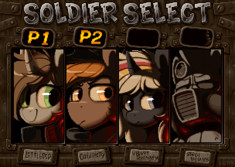 Size: 1216x864 | Tagged: safe, artist:shinodage, derpibooru import, oc, oc:calamity, oc:littlepip, oc:steelhooves, oc:velvet remedy, pegasus, pony, unicorn, fallout equestria, character select, female, male, mare, metal slug, pixel art, stallion