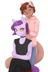 Size: 853x1280 | Tagged: safe, artist:pewas, derpibooru import, oc, oc:avery, unofficial characters only, anthro, earth pony, weasel, anthro oc, blushing, braid, choker, clothes, crossed arms, digital art, duo, ear piercing, earring, femboy, furry, furry oc, gay, heart, hoodie, jeans, jewelry, looking at you, male, oc x oc, pants, piercing, shipping, shirt, shy, simple background, stallion, tail, white background