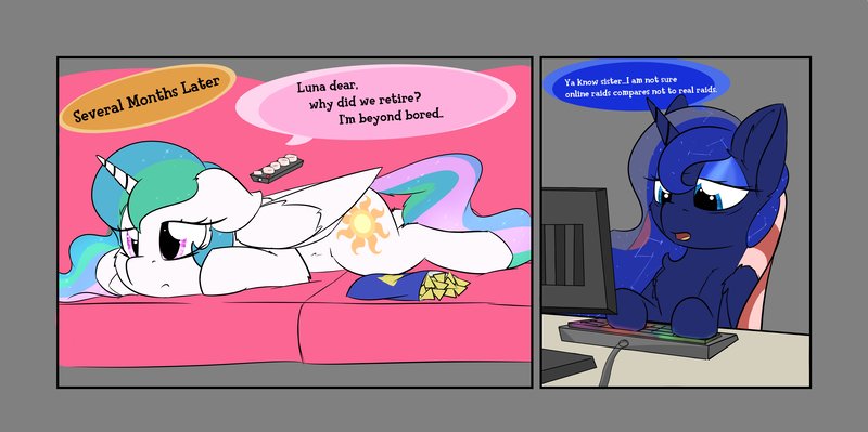 Size: 3610x1800 | Tagged: alicorn, artist:jubyskylines, bored, chips, comic, computer, derpibooru import, duo, food, gamer luna, lying down, princess celestia, princess luna, remote control, retirement, royal sisters, safe