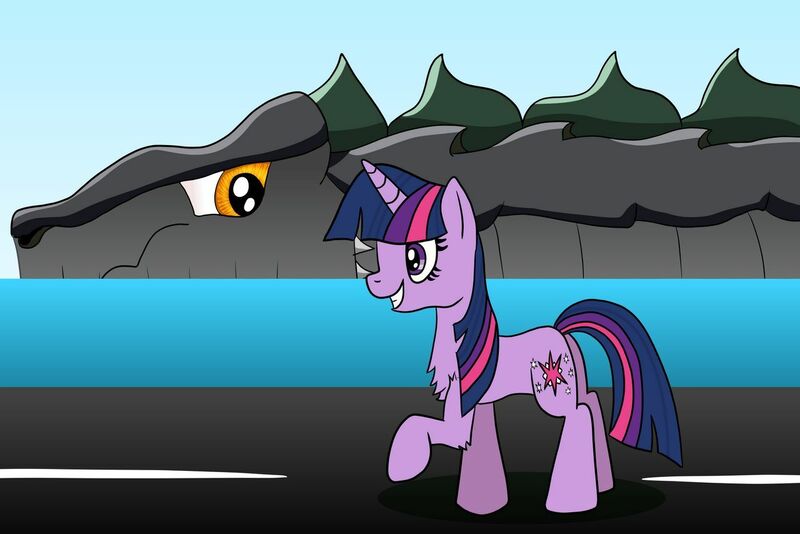 Size: 1280x854 | Tagged: safe, artist:platinumdrop, derpibooru import, twilight sparkle, kaiju, unicorn, godzilla (series), request, unicorn twilight, zilla