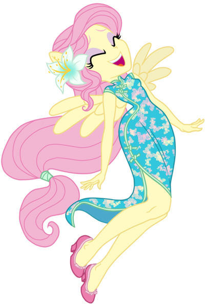 Size: 612x900 | Tagged: safe, artist:sapphiregamgee, derpibooru import, fluttershy, equestria girls, cheongsam, clothes, flower, flower in hair, ponied up, simple background, solo, transparent background