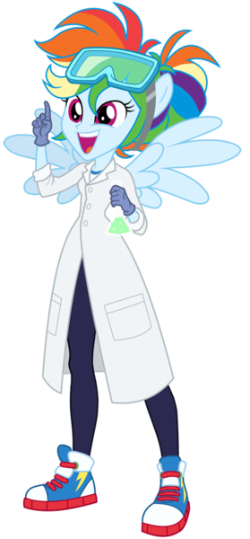 Size: 419x900 | Tagged: safe, artist:sapphiregamgee, derpibooru import, rainbow dash, equestria girls, clothes, goggles, lab coat, ponied up, science, simple background, solo, transparent background