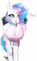 Size: 777x1280 | Tagged: suggestive, artist:pewas, derpibooru import, oc, oc:wet dream, unofficial characters only, anthro, bat pony, unguligrade anthro, anthro oc, bat pony oc, bat wings, big breasts, black sclera, blushing, breasts, cleavage, clothes, commission, cutie mark, digital art, female, food, looking at you, mare, over the shoulder, pocky, pocky game, shirt, simple background, slit eyes, slit pupils, snack, solo, solo female, tail, text, t-shirt, wings, ych result