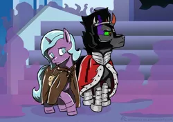 Size: 1280x905 | Tagged: safe, artist:animatorwil, derpibooru import, idw, king sombra, radiant hope, pony, umbrum, unicorn, siege of the crystal empire, cape, clothes, female, hopebra, male, mare, shipping, stallion, straight