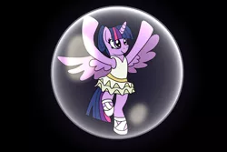 Size: 2048x1365 | Tagged: safe, artist:platinumdrop, derpibooru import, twilight sparkle, twilight sparkle (alicorn), alicorn, pony, ballerina, black background, bubble, clothes, dancing, female, leotard, mare, pose, request, simple background, skirt, smiling, solo, spread wings, tutu, twilarina, wings