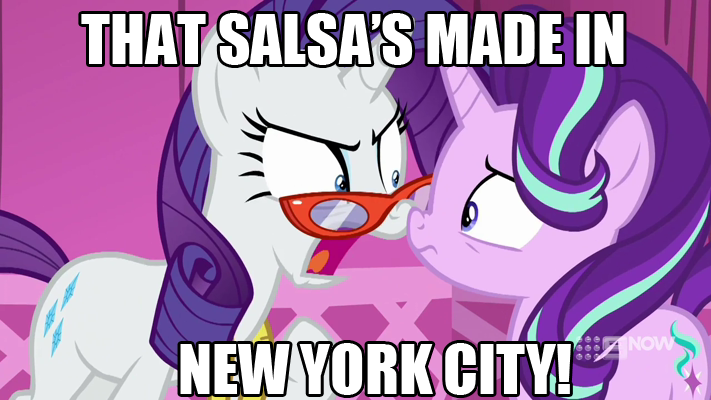 Size: 711x400 | Tagged: a-dressing memories, caption, carousel boutique, derpibooru import, edit, edited screencap, image macro, new york city, pace, pace salsa, rarity, rarity's glasses, safe, salsa, screencap, spoiler:a-dressing memories, spoiler:mlp friendship is forever, starlight glimmer, text