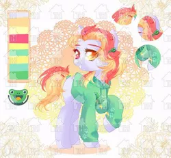 Size: 400x370 | Tagged: safe, artist:marsi_mason, derpibooru import, earth pony, frog, clothes, cutie mark, female, heterochromia, hoodie, obtrusive watermark, reference sheet, toyhouse, toyhouse watermark, watermark